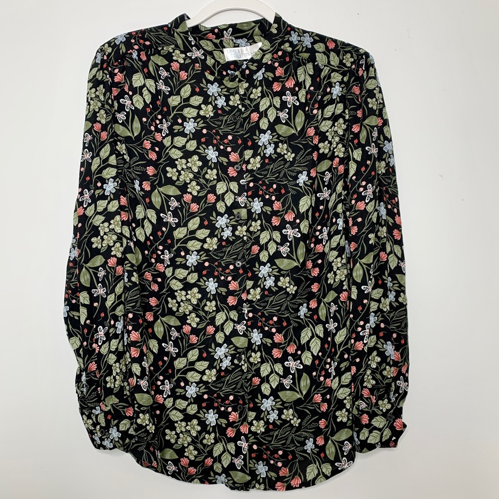 TimeTru Womens Large Flowy Black Floral Lightweight Button Up Long Sleeve Blouse